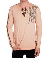 Herren Langarm-Shirt mit Schriftzug Sommer-Baumwoll-Longsleeve mit V-Ausschnitt Freizeit-Pullover R-10115 Hell-Orange