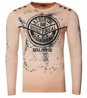 Camicia da uomo in stile vintage a maniche lunghe, girocollo, in cotone R-10151 cammello-marrone