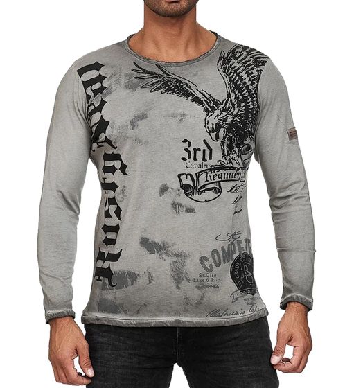 Chemise homme à manches longues, imprimé aigle, col rond, en coton, gris R-10147