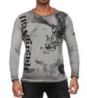 Herren Longsleeve Langarm-Shirt mit Adler-Druck Rundhals Baumwoll-Shirt R-10147 Grau