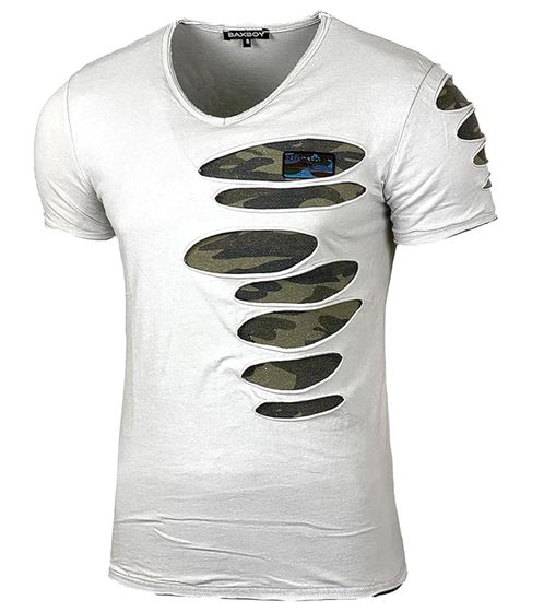 Camiseta de hombre de algodón desgastado, estilo militar, cuello redondo, manga corta, R-15053, color blanco