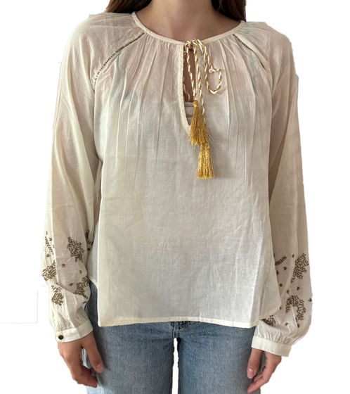 Chemisier femme Les Tropéziennes, chemisier à manches longues avec broderie de perles, haut d'été, chemisier de loisirs 232-0073 A, beige