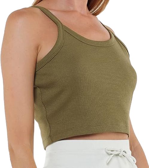 Canotta da donna in cotone a coste, modello crop top, modello fitness, modello yoga, stile YOU DO YOU, 905101, colore cachi