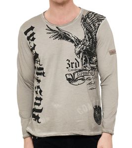 Herren Longsleeve Langarm-Shirt mit Adler-Druck Rundhals Baumwoll-Shirt R-10147 Beige
