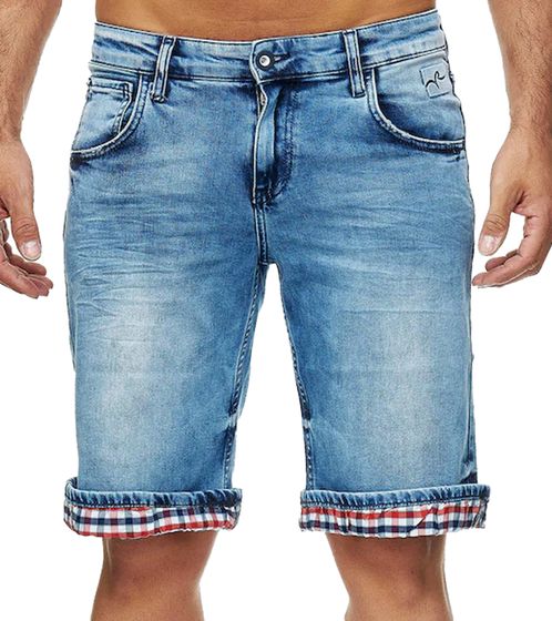 Herren Jeans-Short Baumwoll-Bermuda Sommer-Hose mit Karo-Details R-13621 Blau