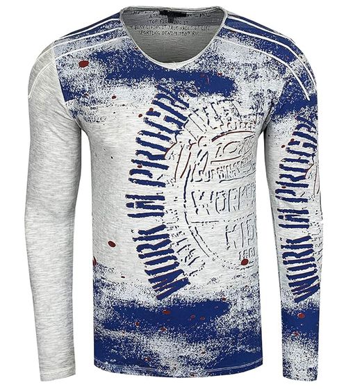Herren Longsleeve im Vintage-Stil Work in Progress Langarm-Shirt Rundhals Baumwoll-Shirt R-10109 Hellgrau