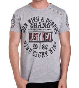 Camiseta de hombre con estampado "Nacido con un propósito" de algodón, cuello redondo, R-15216, gris claro jaspeado Camiseta de hombre con estampado "Nacido con un propósito" de algodón, cuello redondo, R-15216, gris claro jaspeado