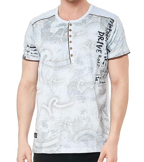 Herren T-Shirt mit Urban-Print Baumwoll-Oberteil Sommer-Rundhals-Shirt mit Knopfleiste R-15246 Hellgrau