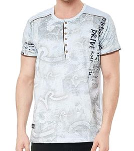 Camiseta de hombre con estampado urbano de algodón, cuello redondo y tapeta de botones, color gris claro, R-15246 Camiseta de hombre con estampado urbano de algodón, cuello redondo y tapeta de botones, color gris claro, R-15246