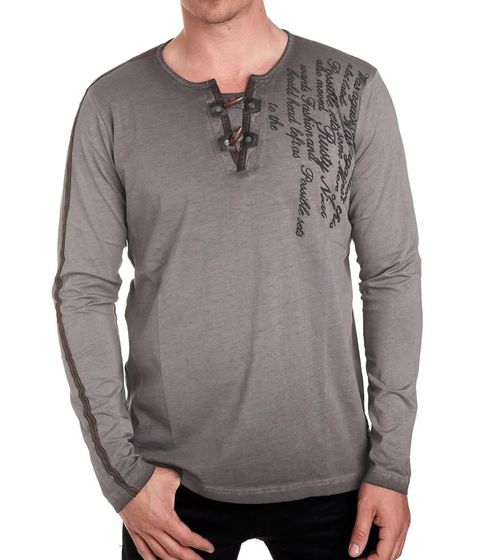 Herren Langarm-Shirt mit Schriftzug Sommer-Baumwoll-Longsleeve mit V-Ausschnitt Freizeit-Pullover R-10115 Grau