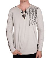Herren Langarm-Shirt mit Schriftzug Sommer-Baumwoll-Longsleeve mit V-Ausschnitt Freizeit-Pullover R-10115 Beige
