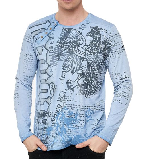 Herren Longsleeve mit urbanen Motiv-Print Langarm-Shirt mit Knopfleiste an Ausschnitt R-10141 Blau