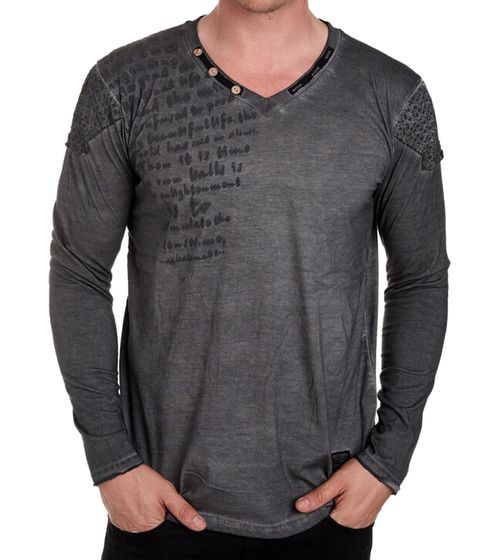 Men's Long-Sleeve Shirt with Lettering, Cotton Long-Sleeve Shirt, Summer Sweater with V-Neck, Casual Shirt R-10117 Dark Gray