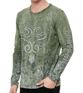 Herren Longsleeve mit Allover-Tribal-Print Baumwoll-Langarm-Shirt Sommer-Pullover Freizeit-Shirt R-10152 Khaki