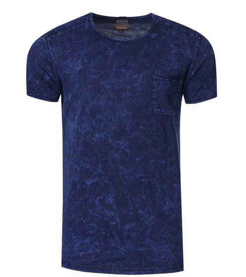 T-shirt da uomo con taschino sul petto, camicia in cotone con fantasia, scollo tondo R-15283 blu