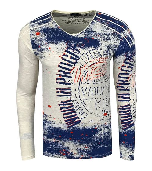 Men's Vintage-Style Long-Sleeve Work in Progress Long-Sleeve Crew-Neck Cotton Shirt R-10109 Ecru-White