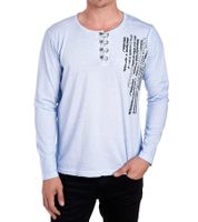 Herren Langarm-Shirt mit schlichten Print und Knopfleiste Sommer-Baumwoll-Longsleeve Freizeit-Pullover R-10139 Blau