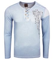 Herren Langarm-Shirt mit schlichten Print und Knopfleiste Sommer-Baumwoll-Longsleeve Freizeit-Pullover R-10139 Blau