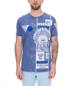 Herren T-Shirt mit auffälligen Print Baumwoll-Shirt Rundhals-Shirt R-15268 Blau