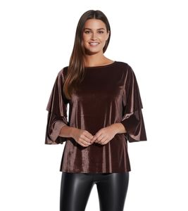 vestino Women's Soft Velvet Shirt with Playful Flounce Sleeves, Casual Shirt 901389 brown