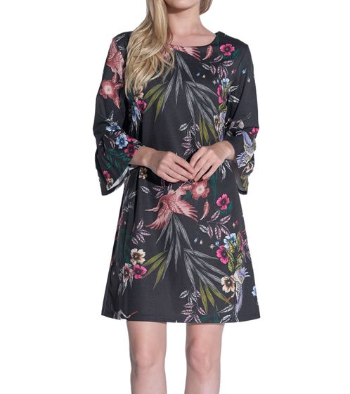 vestino Damen Sommer-Kleid mit Blumen-Print Mini-Kleid Langarm-Kleid 900488 Schwarz/Rot/Grün/Blau