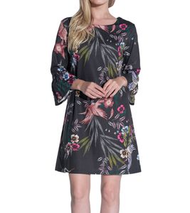vestino Damen Sommer-Kleid mit Blumen-Print Mini-Kleid Langarm-Kleid 900488 Schwarz/Rot/Grün/Blau
