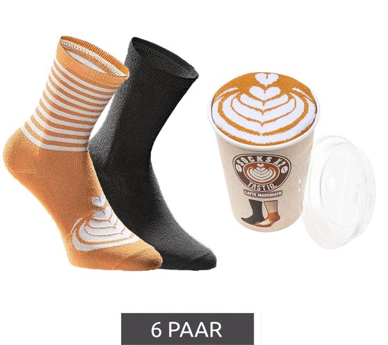 6 paia di calzini in cotone TASTIQ con stampa latte macchiato, calzini lunghi in un'elegante confezione regalo con tazza da caffè, TAS/1/CSX2/LAT, marrone/nero