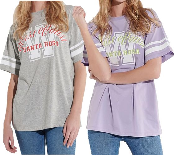 T-shirt oversize da donna COURSE a maniche corte con stampa college "West Coast Santa Rosa" in cotone viola o grigio chiaro mélange
