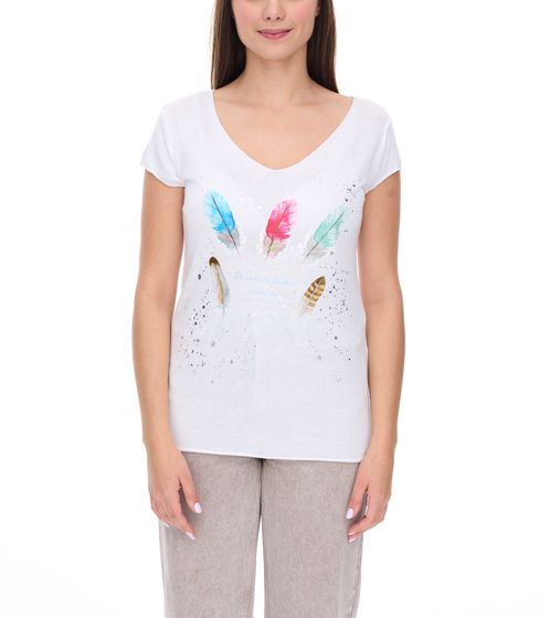 vestino Damen T-Shirt Kurzarm-Shirt mit Feder-Druck Sommer-Shirt 900548 Weiß