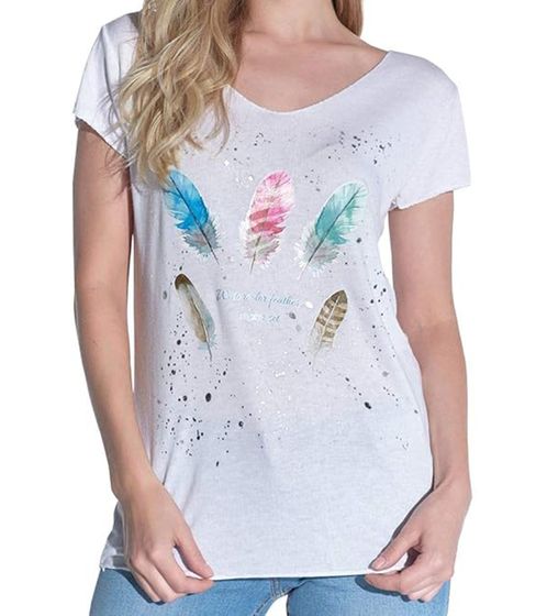 vestino Damen T-Shirt Kurzarm-Shirt mit Feder-Druck Sommer-Shirt 900548 Weiß