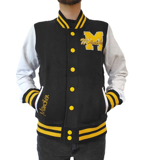 ROBIN RUTH München Herren College-Jacke mit Schriftzug Frühlings-Jacke mit Stickerei Übergangs-Jacke Sweat-Jacke FMCN-B Schwarz/Gelb