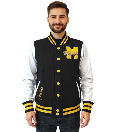 ROBIN RUTH München Herren College-Jacke mit Schriftzug Frühlings-Jacke mit Stickerei Übergangs-Jacke Sweat-Jacke FMCN-B Schwarz/Gelb