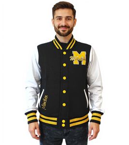 ROBIN RUTH München Herren College-Jacke mit Schriftzug Frühlings-Jacke mit Stickerei Übergangs-Jacke Sweat-Jacke FMCN-B Schwarz/Gelb