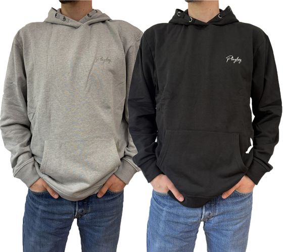PLAYBOY Herren Baumwoll-Pullover Langarm-Shirt mit Kapuze Hoodie Schwarz oder Grau meliert