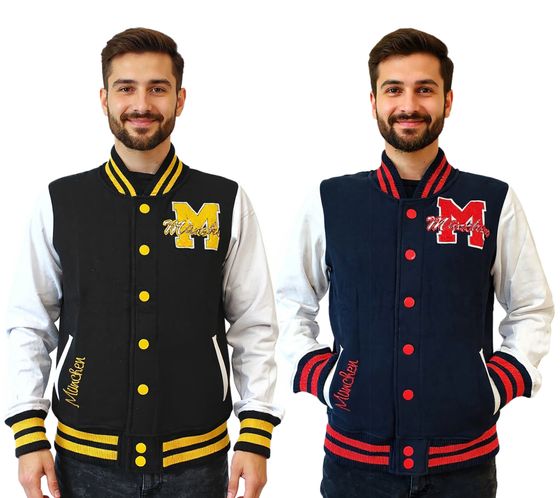 ROBIN RUTH München Herren College-Jacke mit Schriftzug Frühlings-Jacke mit Stickerei Übergangs-Jacke Sweat-Jacke Navy/Rot oder Schwarz/Gelb
