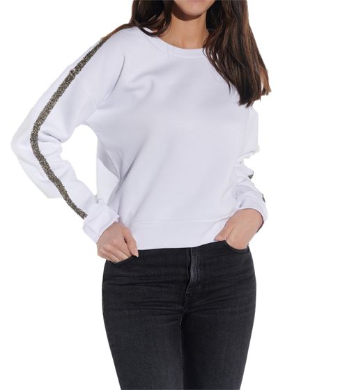 vestino Damen Sweatshirt Baumwoll-Shirt mit Strassband Pullover 900299 Weiß