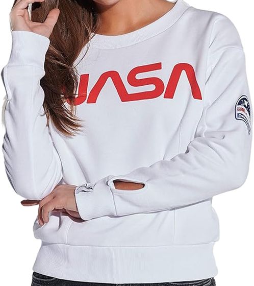 COURSE X NASA Damen Sweatshirt mit NASA Print Baumwoll-Pullover Cropped 900101 Weiß