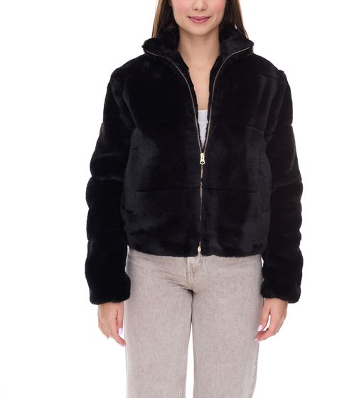 vestino Damen Kunstfell-Jacke mit Reißverschluss und Stehkragen Frühlings-Jacke 900710 Schwarz