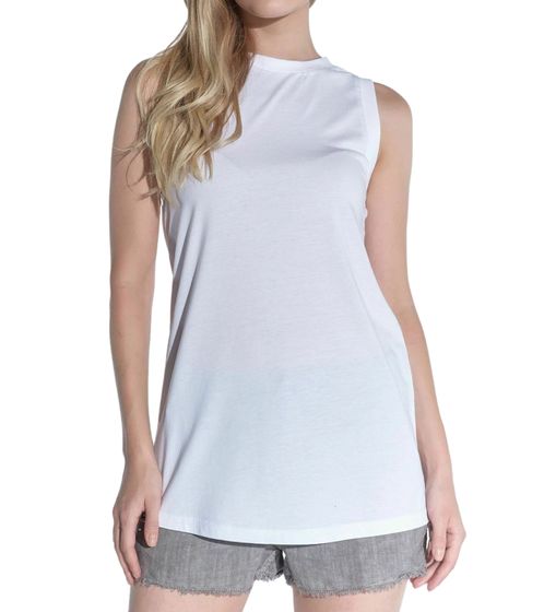 COURSE Damen Basic Long-Top hüftlanges Rundhals-Shirt Sommer-Top Tank-Top Freizeit-Shirt 901091 Weiß