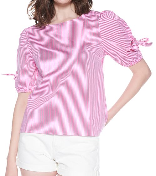 sequano Damen Blusen-Shirt T-Shirt Kurzarm-Bluse mit Schleife Sommer-Shirt 900378 Weiß/Fuchsia