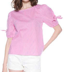 sequano Damen Blusen-Shirt T-Shirt Kurzarm-Bluse mit Schleife Sommer-Shirt 900378 Weiß/Fuchsia