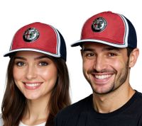 Casquette de baseball ALFA ROMEO pour homme ou femme avec logo sur le devant. Casquette en coton AFRCP bleu foncé/rouge/blanc avec visière droite ou courbée.