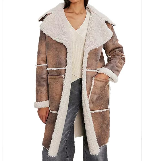 Manteau en similicuir pour femme avec col en fourrure teddy, veste en similicuir d'agneau, parka d'automne 922024 marron