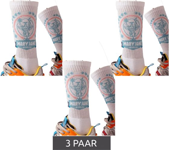 3 Paar MARY JANE BERLIN Tennis-Socken Baumwoll-Socken mit Logo-Print  2406-4-SO-02 Weiß