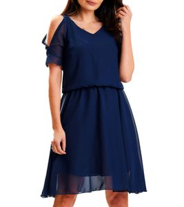 AWAMA Damen Midi-Kleid mit elastischer Taille Chiffonkleid Frühlings-Kleid A572 Dunkelblau