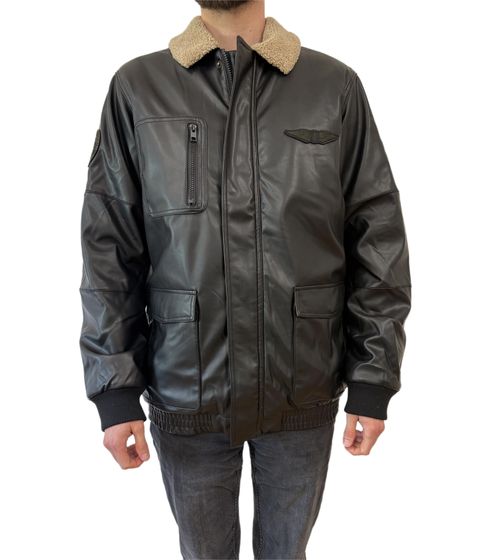 Men's Faux Leather Pilot Jacket, Stylish Outdoor Jacket with Teddy Bear Collar, 950871 Black