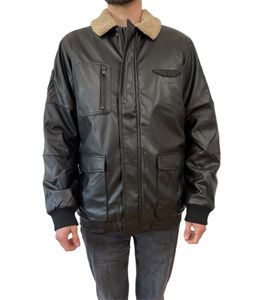 Men's Faux Leather Pilot Jacket, Stylish Outdoor Jacket with Teddy Bear Collar, 950871 Black