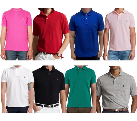 Polo Ralph Lauren pour homme, coupe slim, en coton, à manches courtes, basique, disponible en blanc, vert, noir, rose, rouge, bleu, rose ou gris.