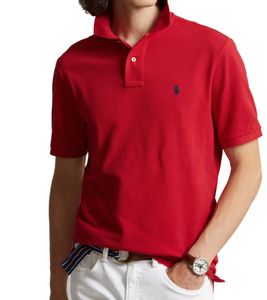 POLO RALPH LAUREN Herren Polo-Shirt Custom Slim Fit Baumwoll-Shirt Kurzarm-Shirt Basic-Shirt 710666998003 Rot/Navy