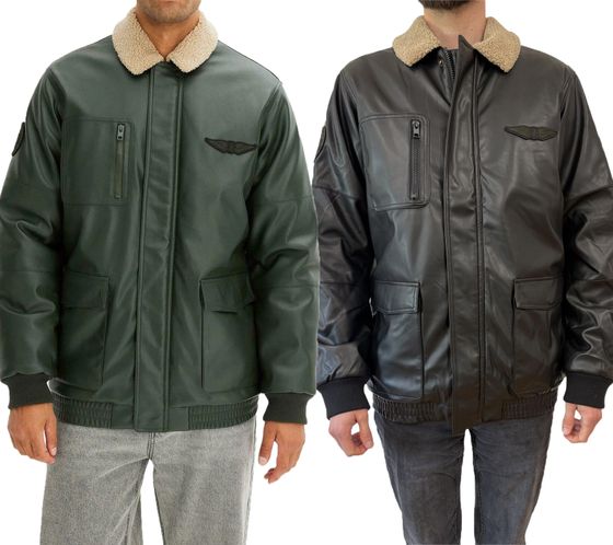 Veste pilote homme en simili cuir, veste d'extérieur élégante avec col en peluche, vert olive ou noir